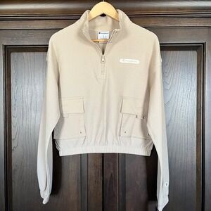 CHAMPION Cropped 1/4 Zip Sweatshirt Womens S Beige Tan Waffle Knit Athletic NWT